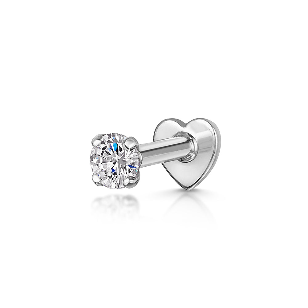 14K solid white gold 3mm single crystal gem flat back labret stud earring 8mm