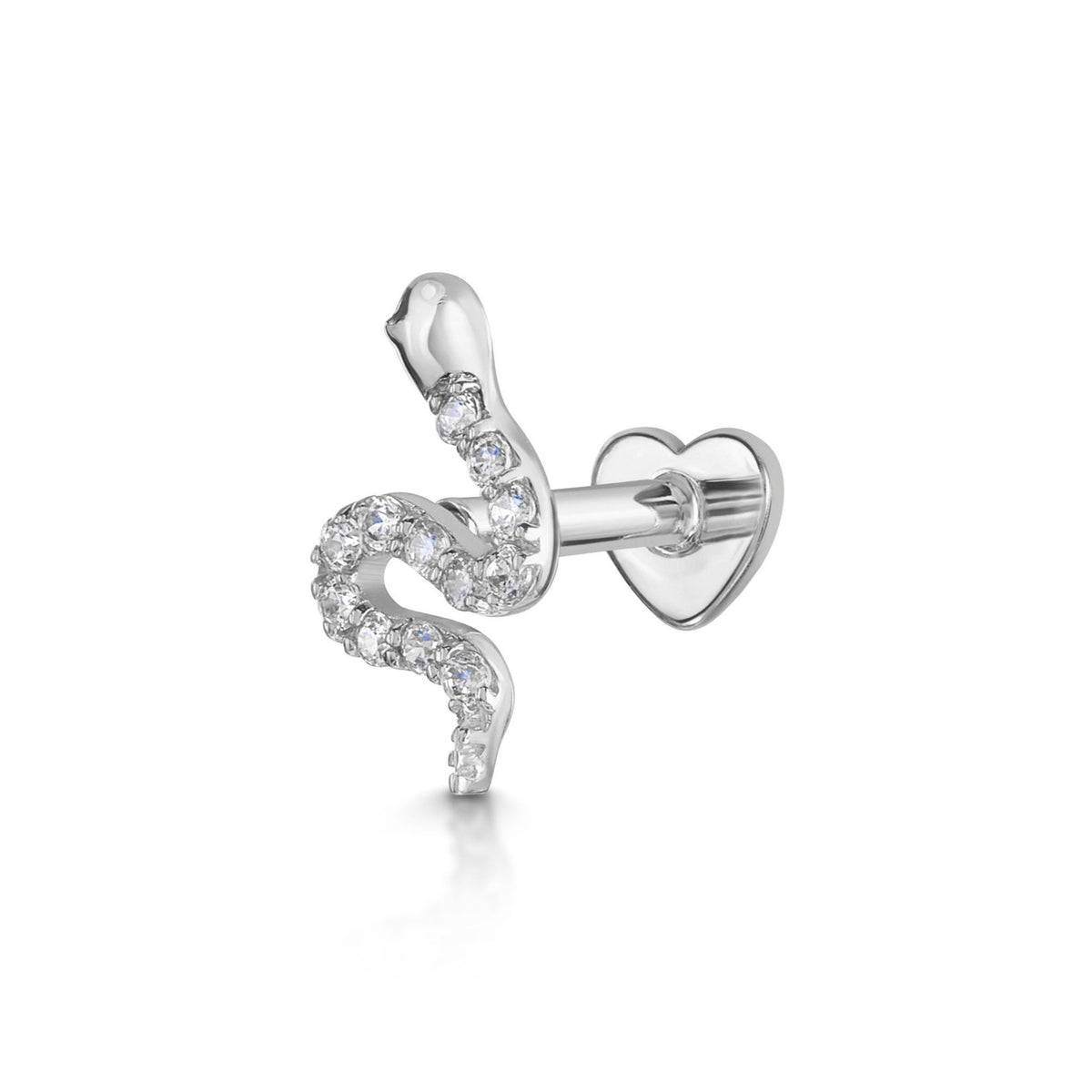 14k solid white gold sparkly snake flat back labret stud earring 8mm