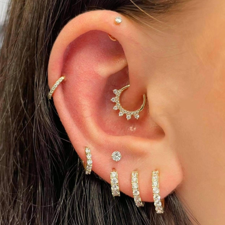 9k solid yellow gold 8mm 16g white crystal pavé hoop for daith or septum Huggies and Hoops Laura Bond Jewellery
