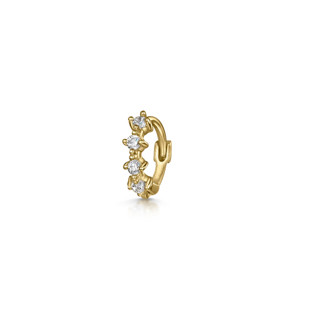 9k solid yellow gold four stone crystal teeny tiny huggie earring