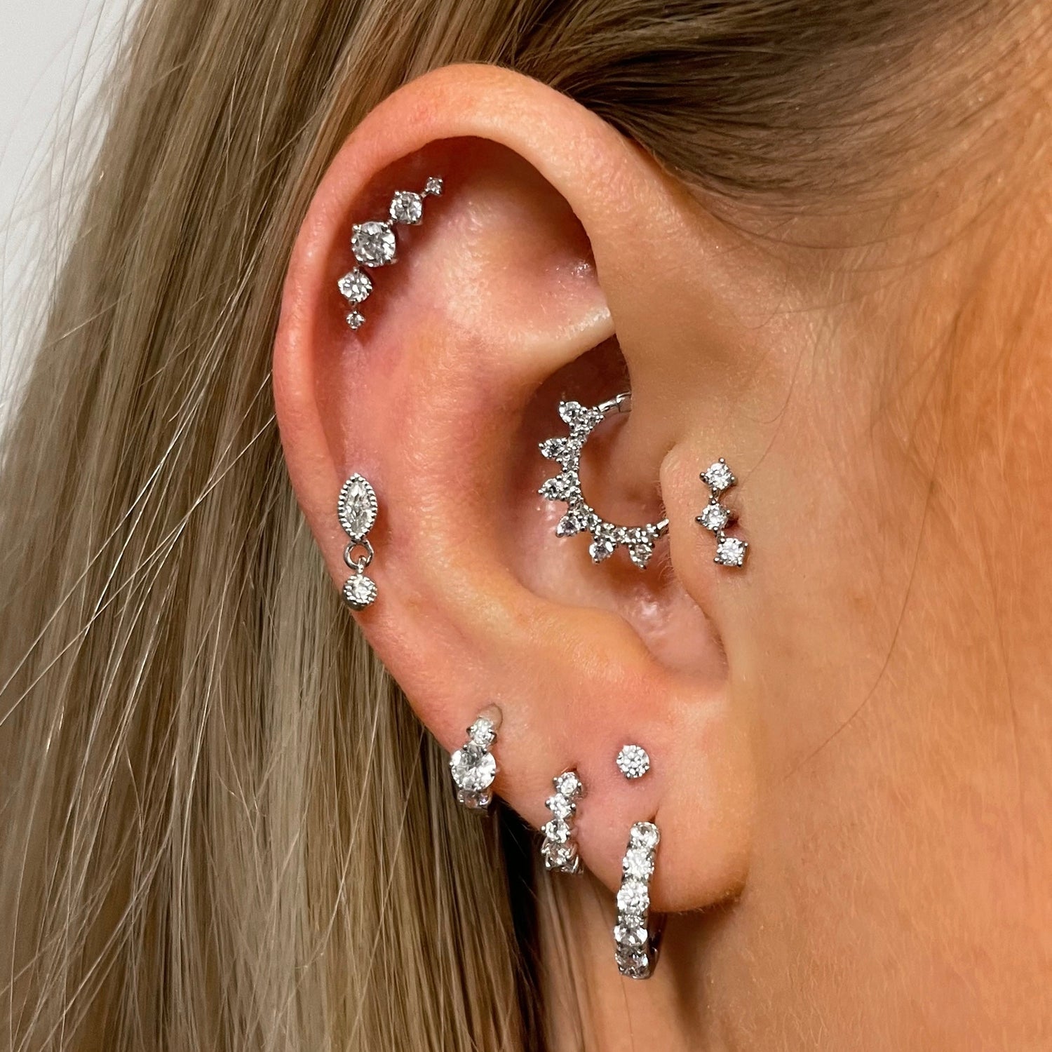 Laura Bond 14k solid white gold 2mm tiny crystal gem flat back labret stud earring 8mm Cartilage Studs
