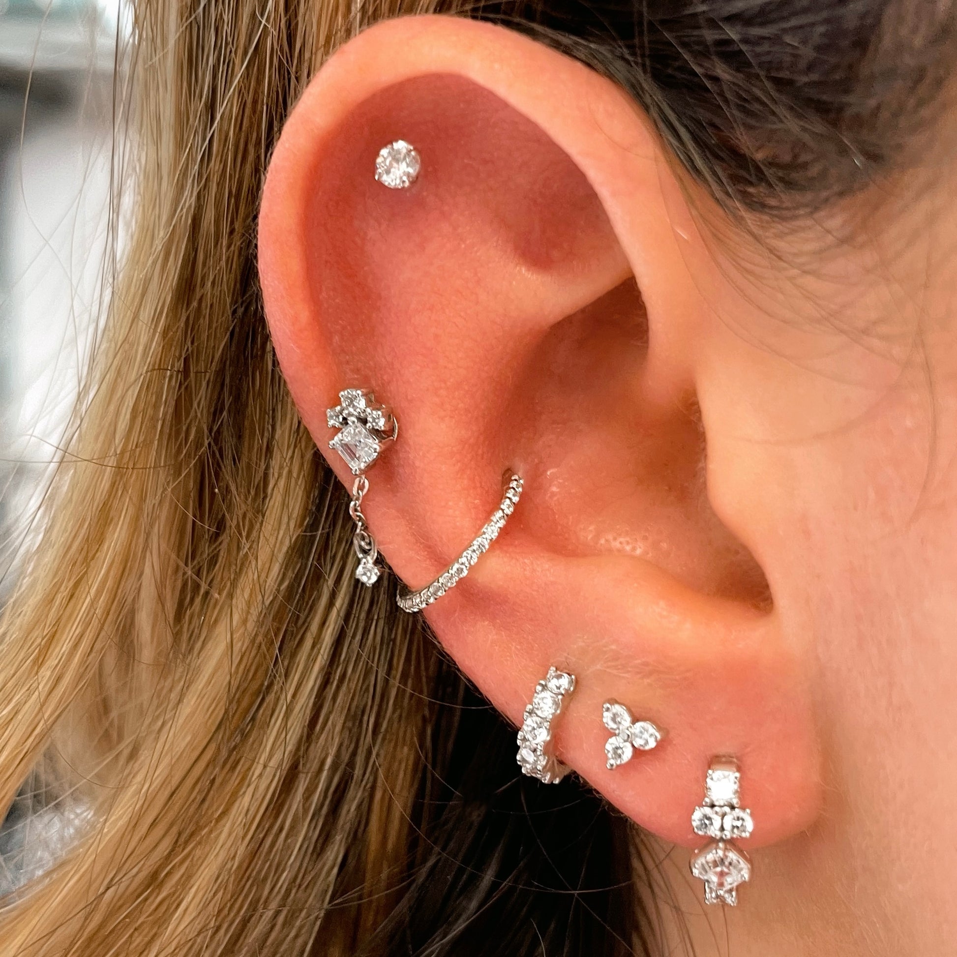 Laura Bond Jewellery Bold and Gold Edinburgh 14k solid white gold crystal trio flat back labret stud earring 8mm Cartilage Studs