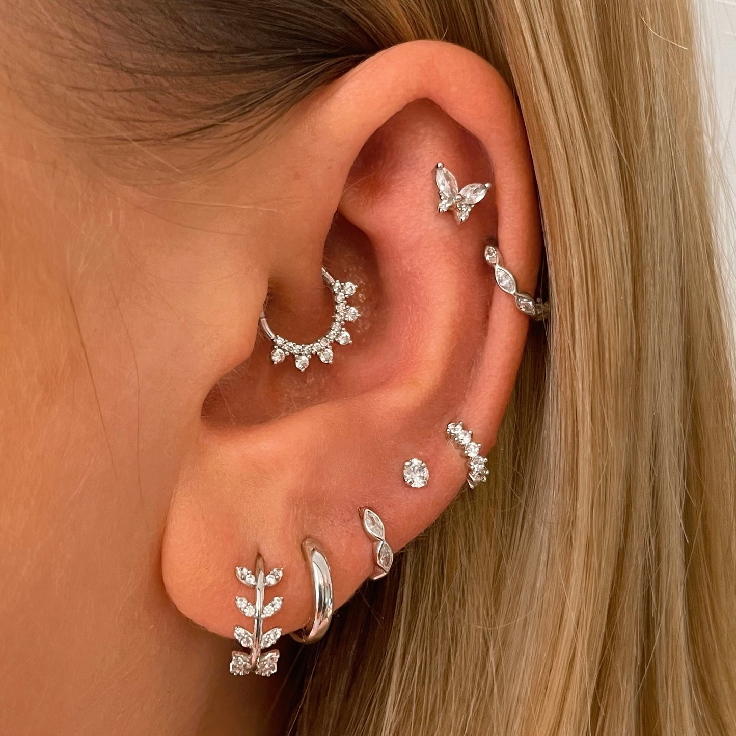 Laura Bond Jewellery Bold and Gold Edinburgh 9k solid white gold 8mm 16g white crystal pavé hoop for daith or septum Huggies and Hoops