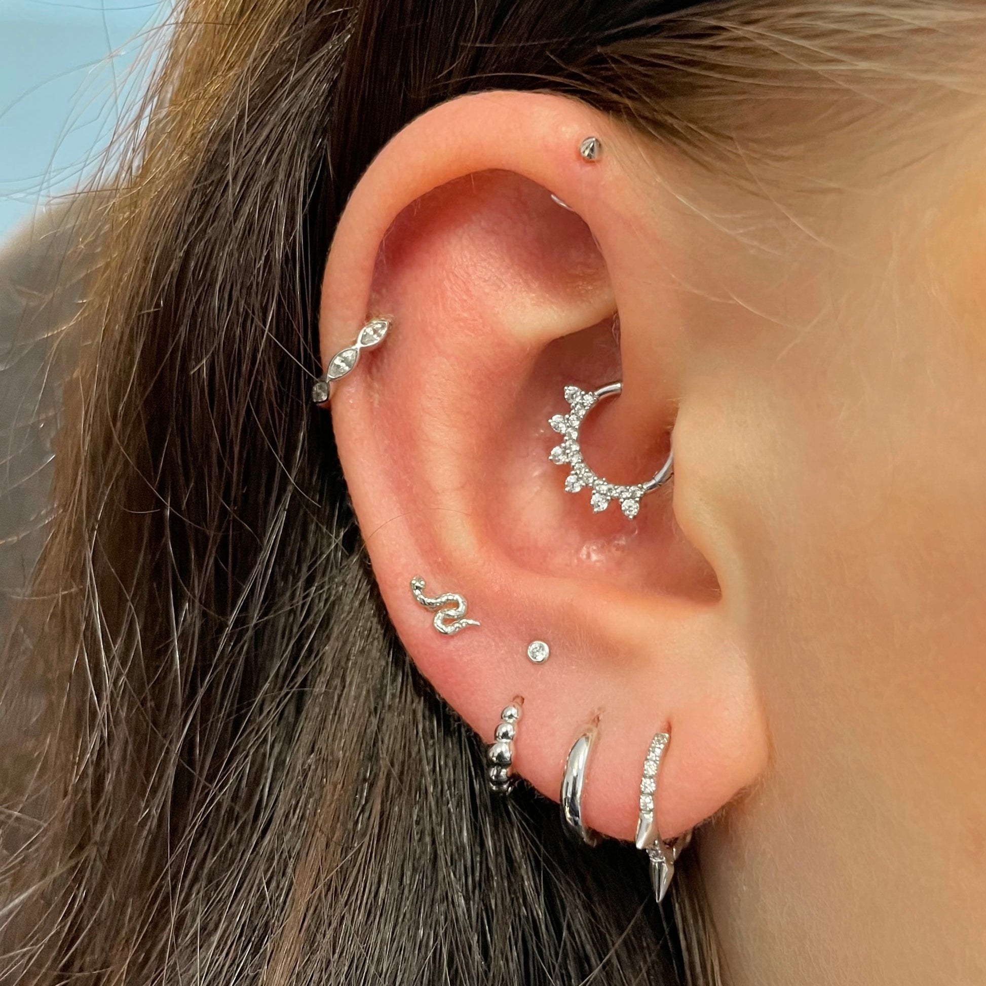 Laura Bond Jewellery 9k solid white gold 6mm 16g marquise crystal mini clicker hoop earring Huggies and Hoops