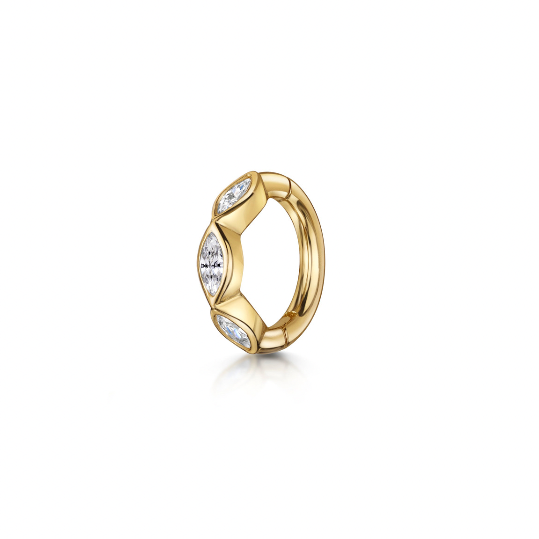 9k solid yellow gold 6mm marquise crystal mini clicker hoop earring