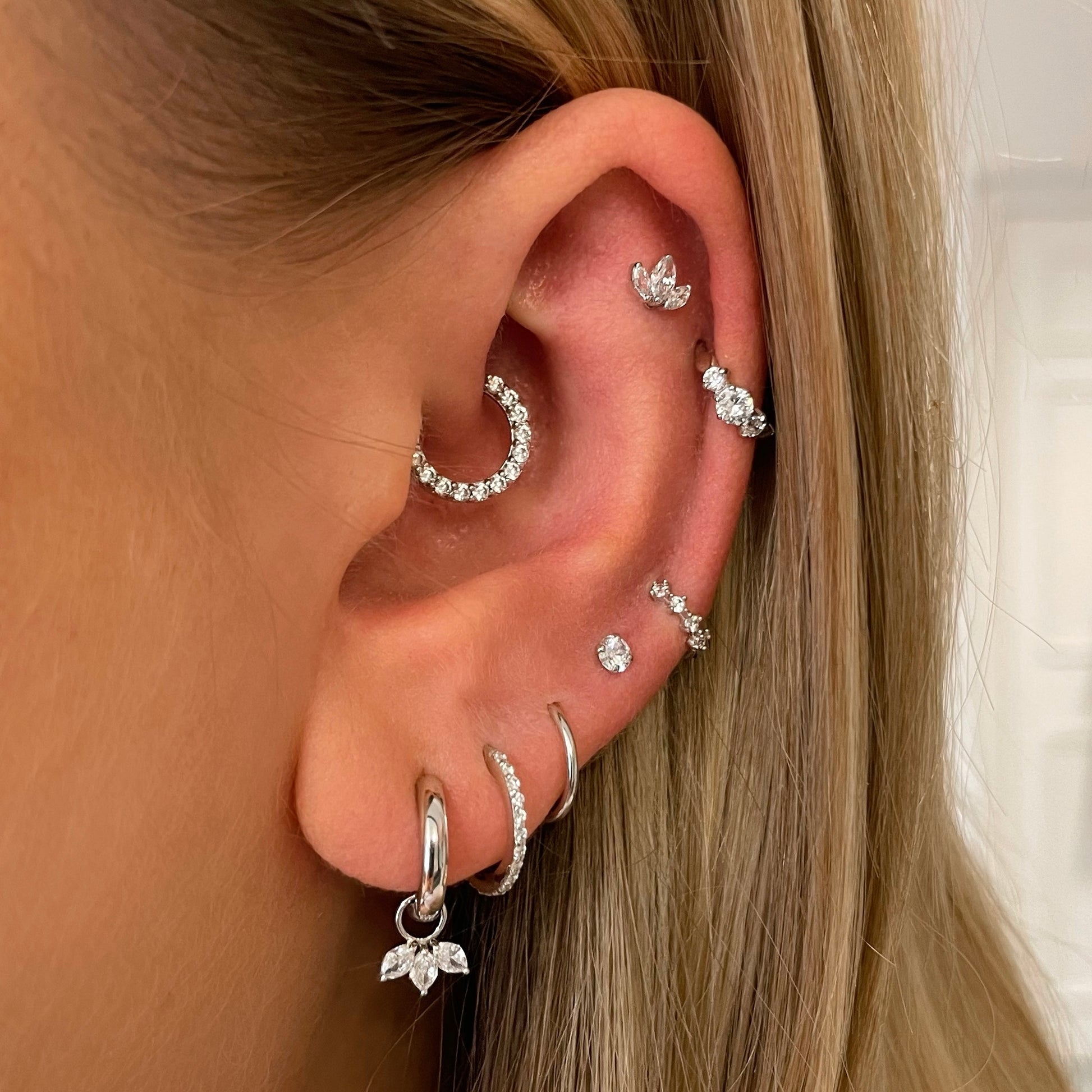 Laura Bond Jewellery Bold and Gold Edinburgh 14k solid white gold Lotus flower flat back labret stud earring 8mm Cartilage Studs