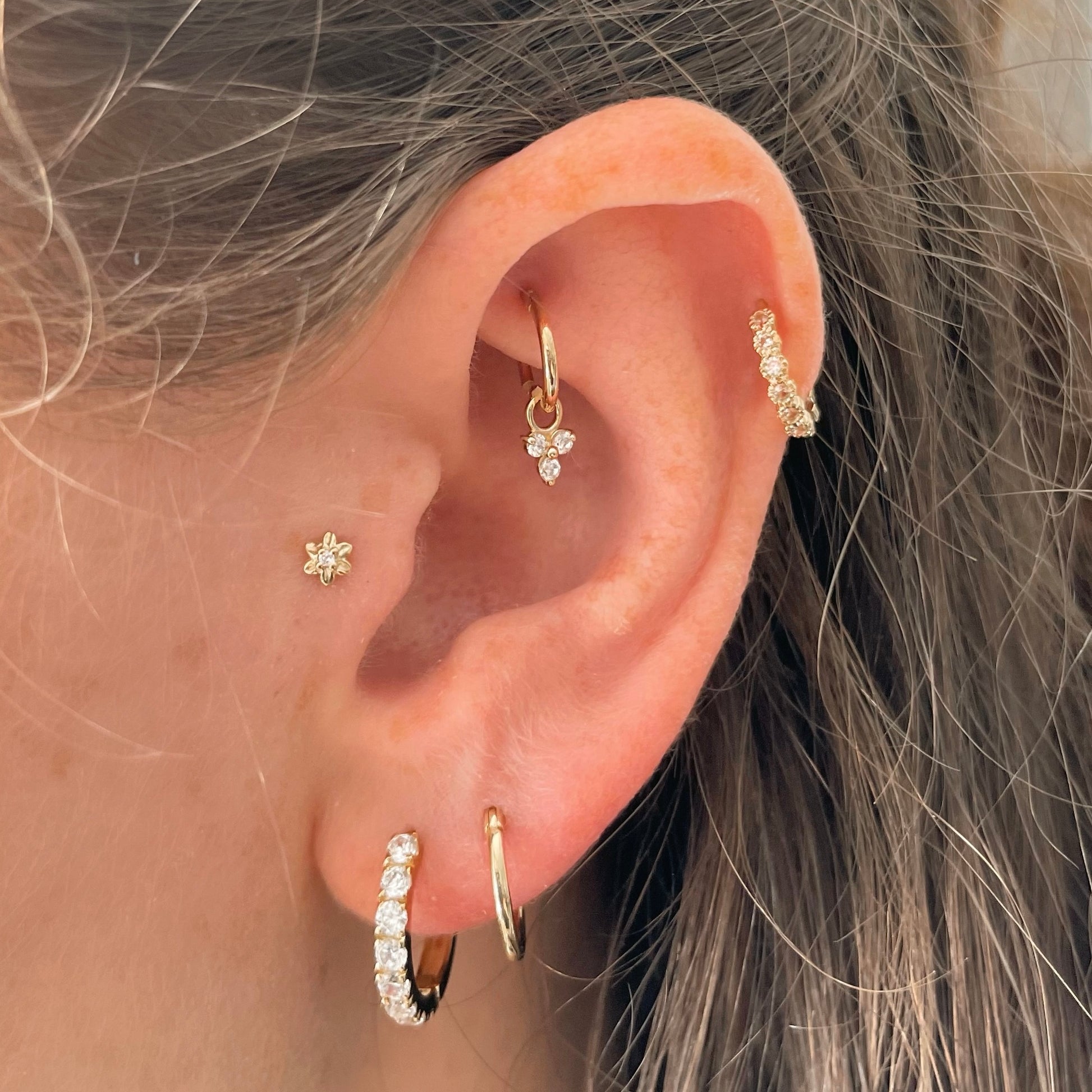 Laura Bond Jewellery Bold and Gold Edinburgh 14k solid yellow gold Forget Me Not tiny flower flat back labret stud earring 8mm Cartilage Studs