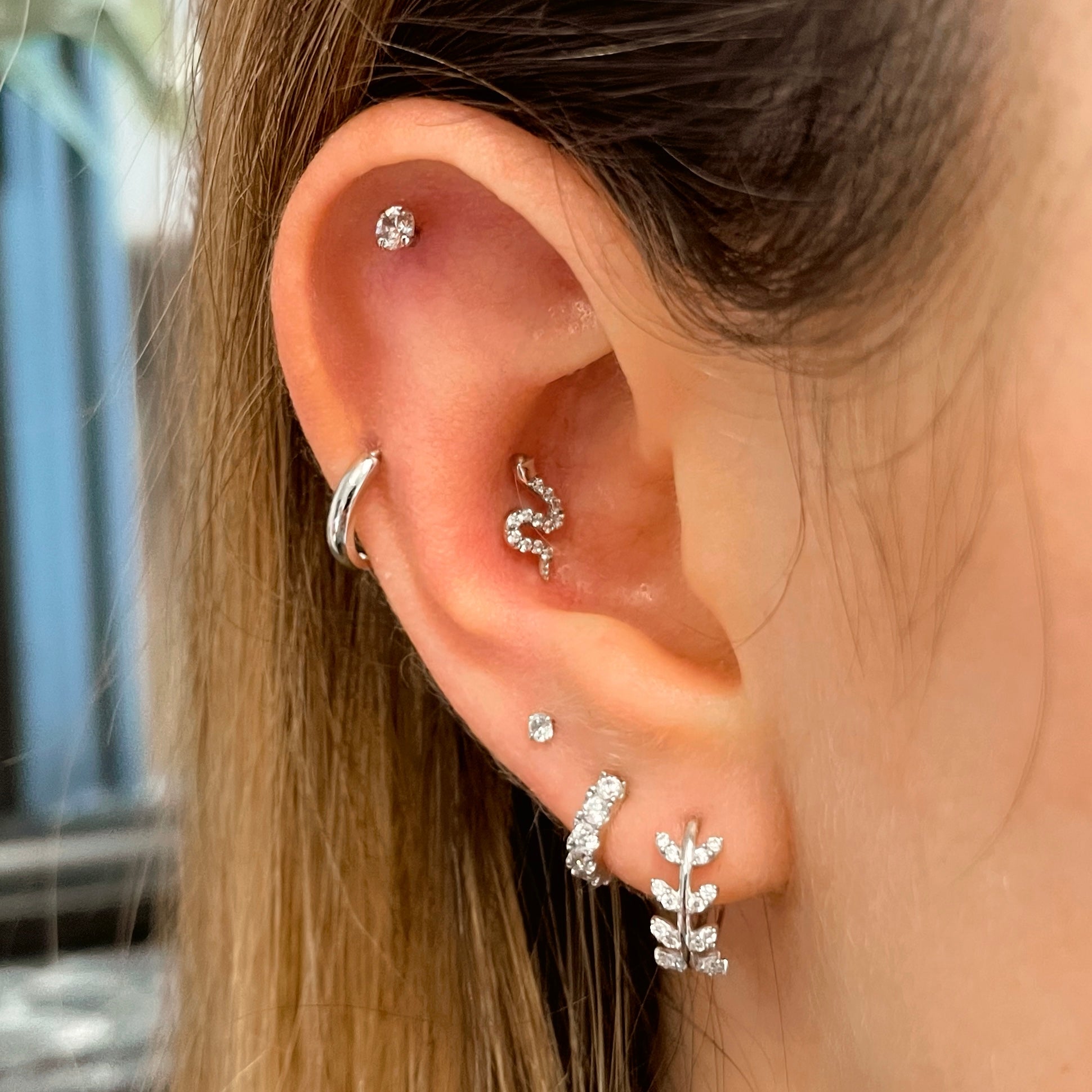 Laura Bond Jewellery Bold and Gold Edinburgh 14k solid white gold sparkly snake flat back labret stud earring 8mm Cartilage Studs