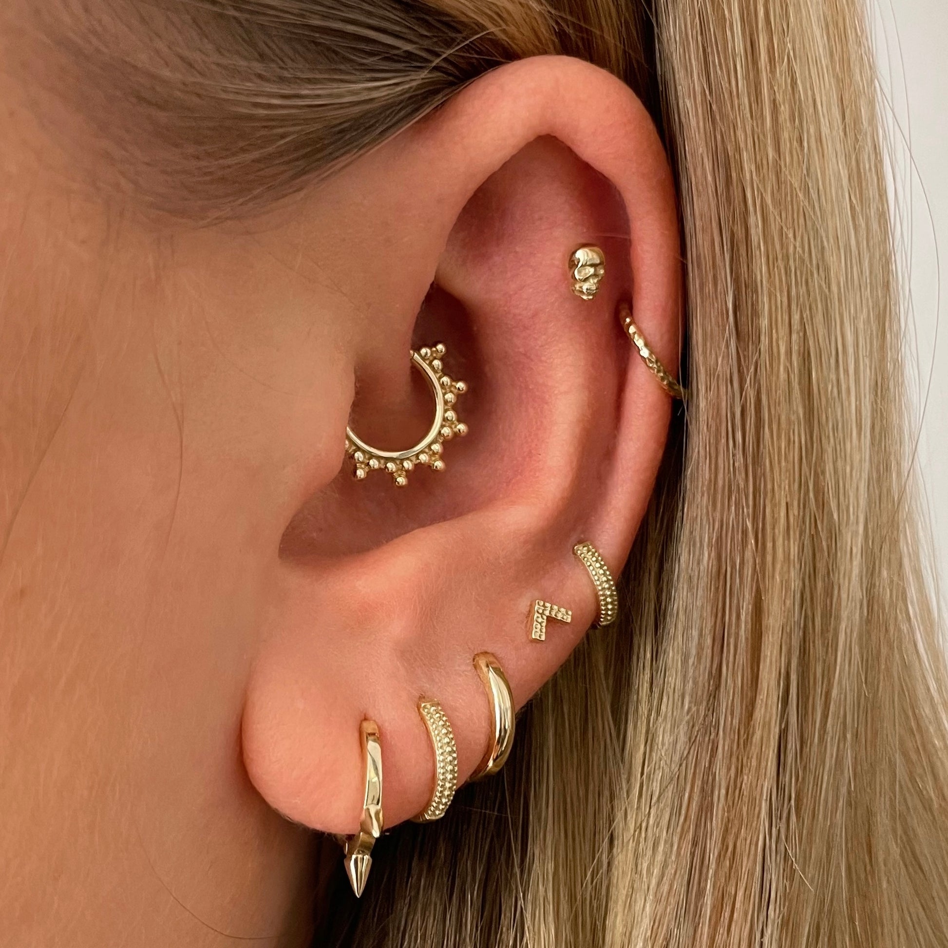 9k solid yellow gold 8mm 18g hammered texture clicker hoop earring Huggies and Hoops Laura Bond Jewellery