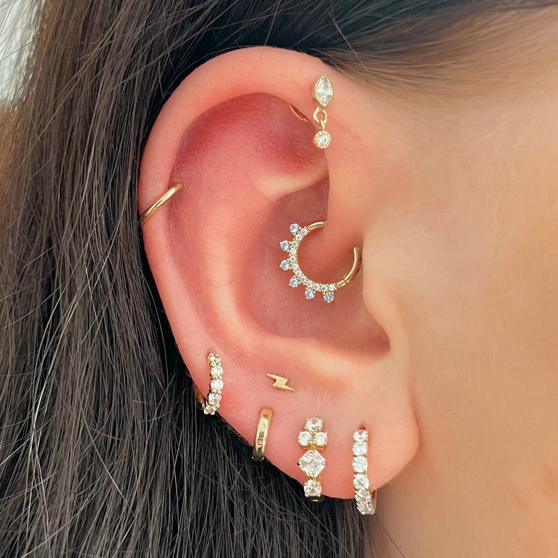 Laura Bond Jewellery Bold and Gold Edinburgh 14k solid yellow gold tiny lightning bolt flat back labret stud earring 8mm Cartilage Studs