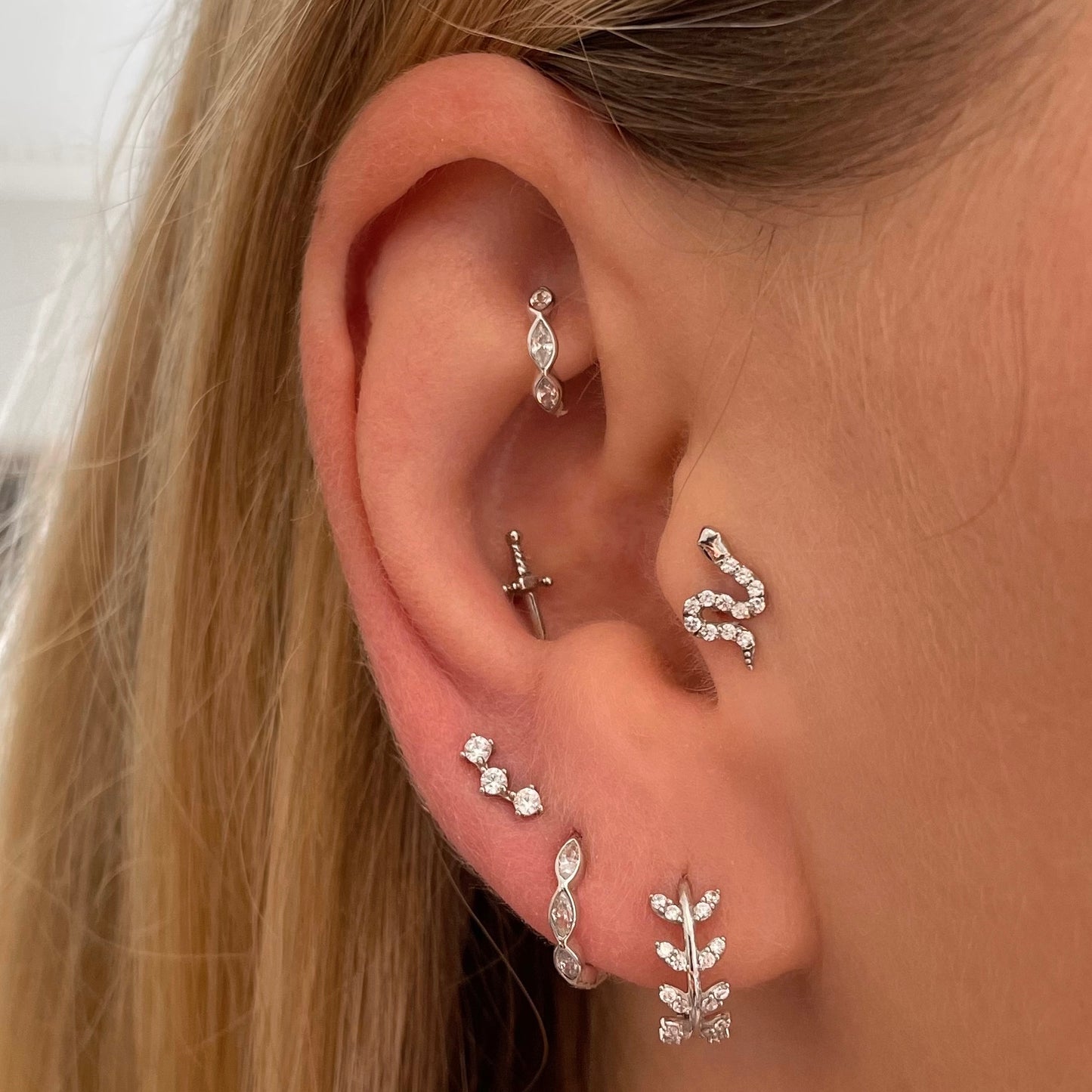 Laura Bond Jewellery 9k solid white gold 6mm 16g marquise crystal mini clicker hoop earring Huggies and Hoops
