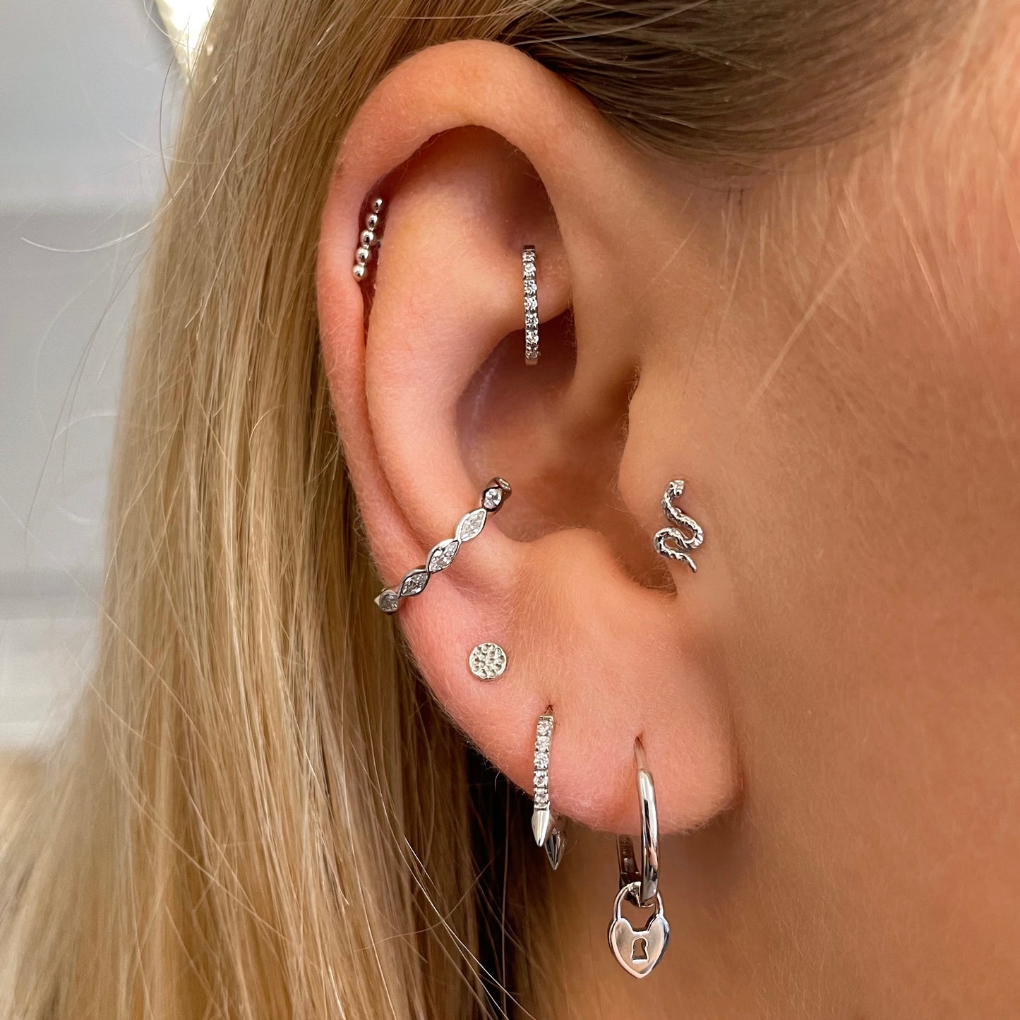 9k solid white gold 7mm 16g crystal oval rook clicker hoop Huggies and Hoops Laura Bond Jewellery