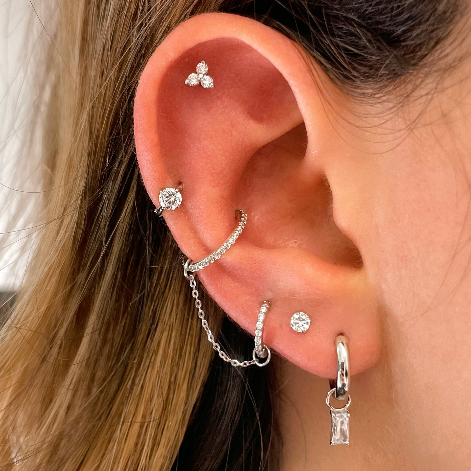 Laura Bond Jewellery Bold and Gold Edinburgh 14k solid white gold crystal trio flat back labret stud earring 8mm Cartilage Studs