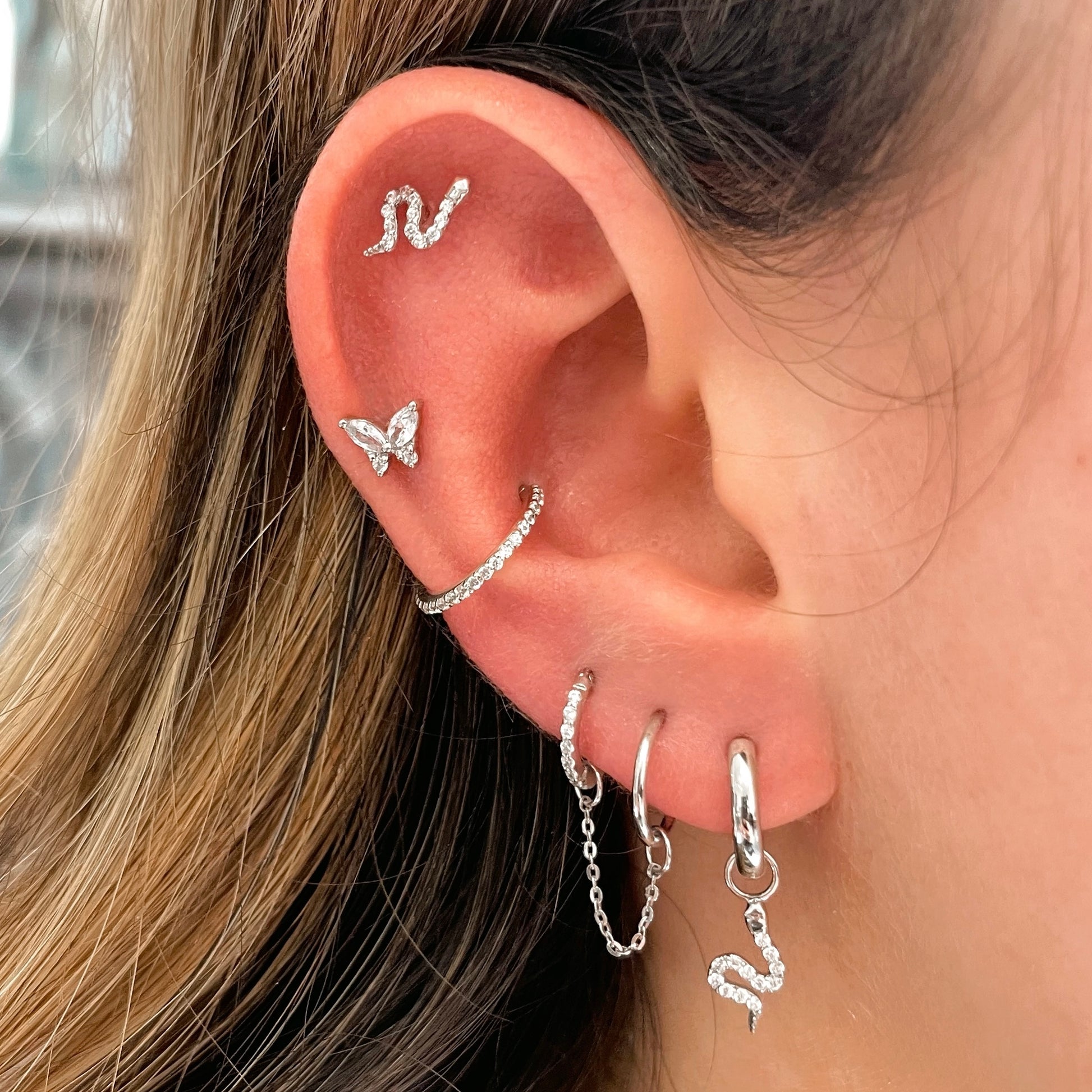 Laura Bond Jewellery Bold and Gold Edinburgh 14k solid white gold sparkly snake flat back labret stud earring 8mm Cartilage Studs