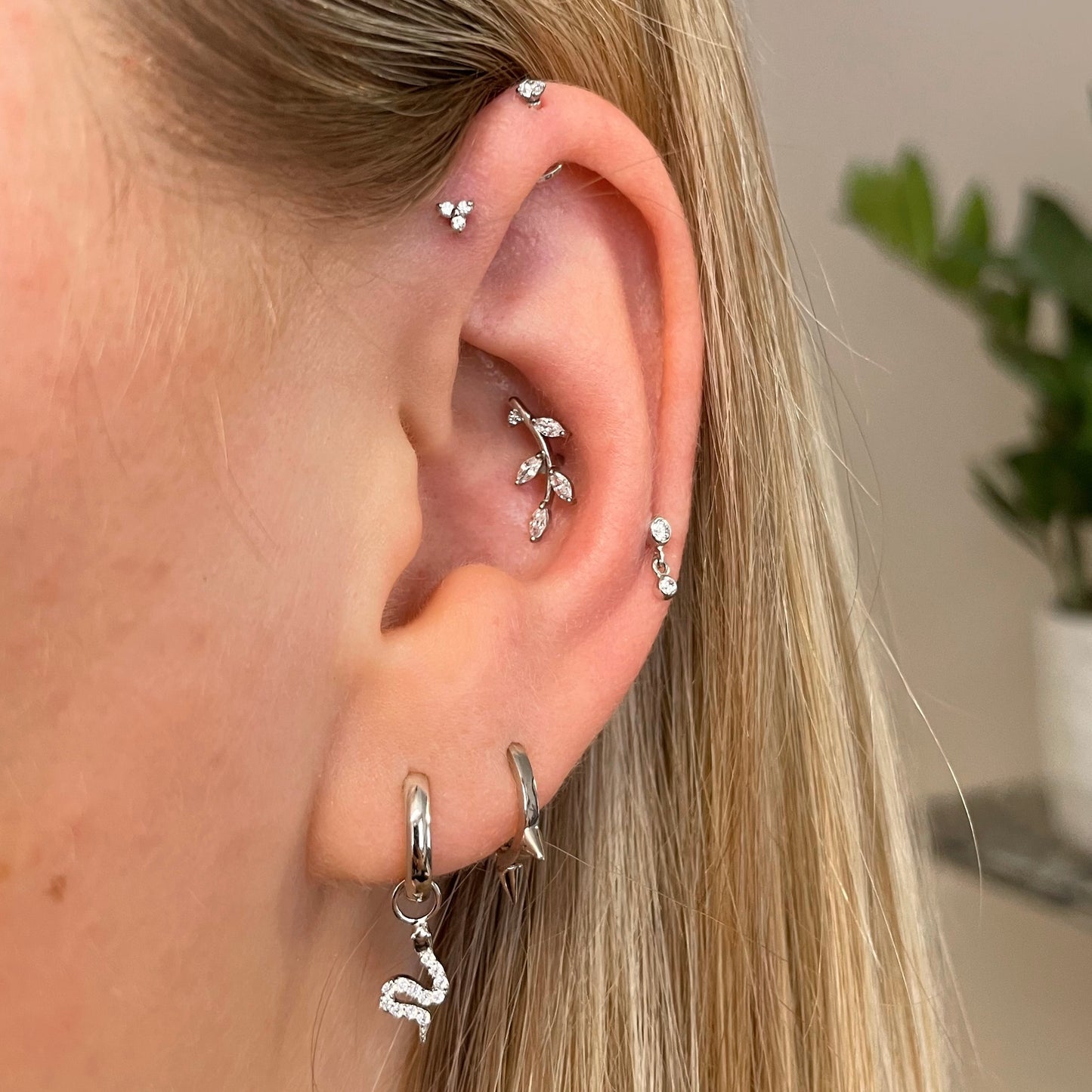 9k solid white gold vine garland flat back climber stud earring 6mm Cartilage Studs Laura Bond Jewellery