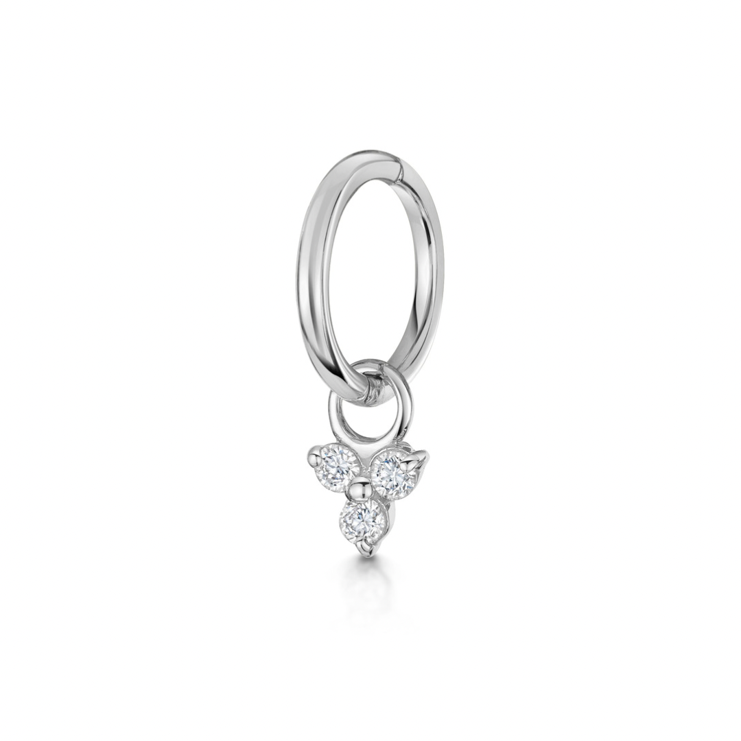 9k solid white gold 6mm clicker hoop earring crystal trio charm