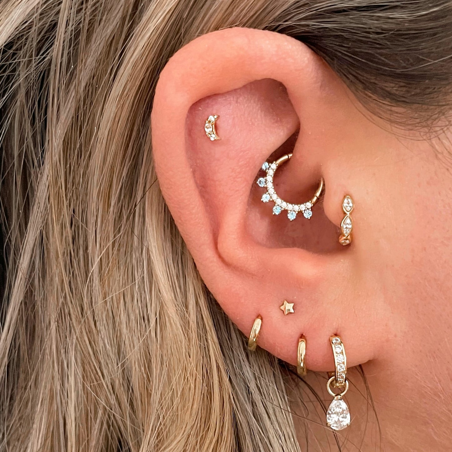 Laura Bond Jewellery Bold and Gold Edinburgh 9k solid yellow gold 6mm 16g marquise crystal mini clicker hoop earring Huggies and Hoops