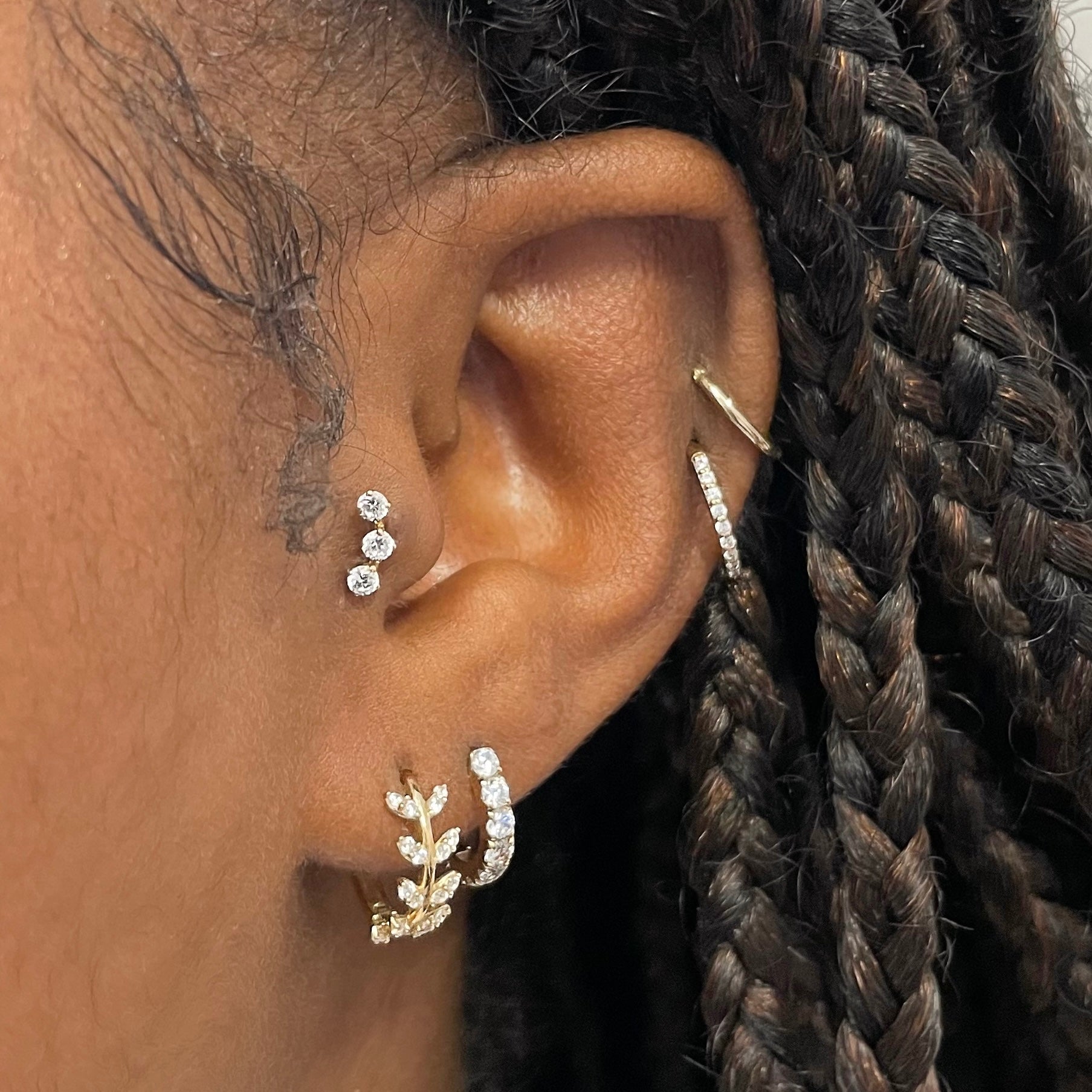 Laura Bond Jewellery Bold and Gold Edinburgh 14k solid yellow gold trinity crystal flat back labret stud earring 8mm Cartilage Studs
