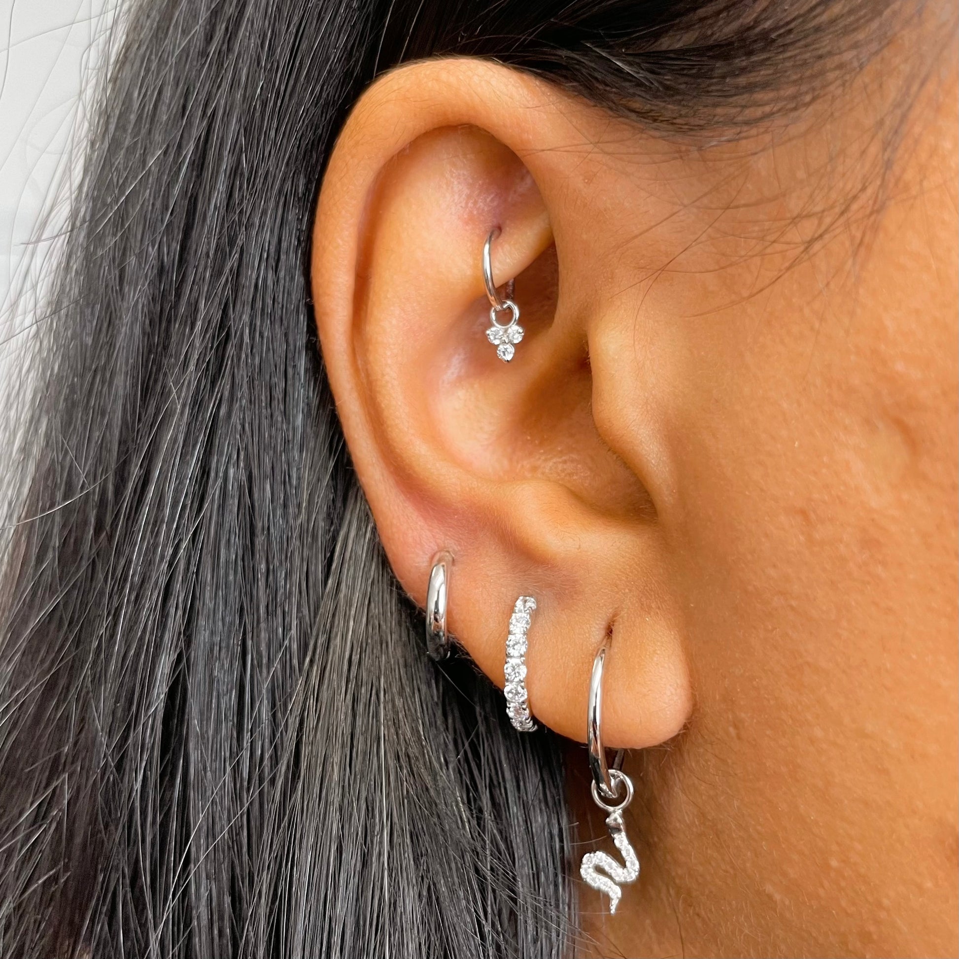 Laura Bond Jewellery Bold and Gold Edinburgh 9k solid white gold tiny crystal trio earring charm Chains and Charms