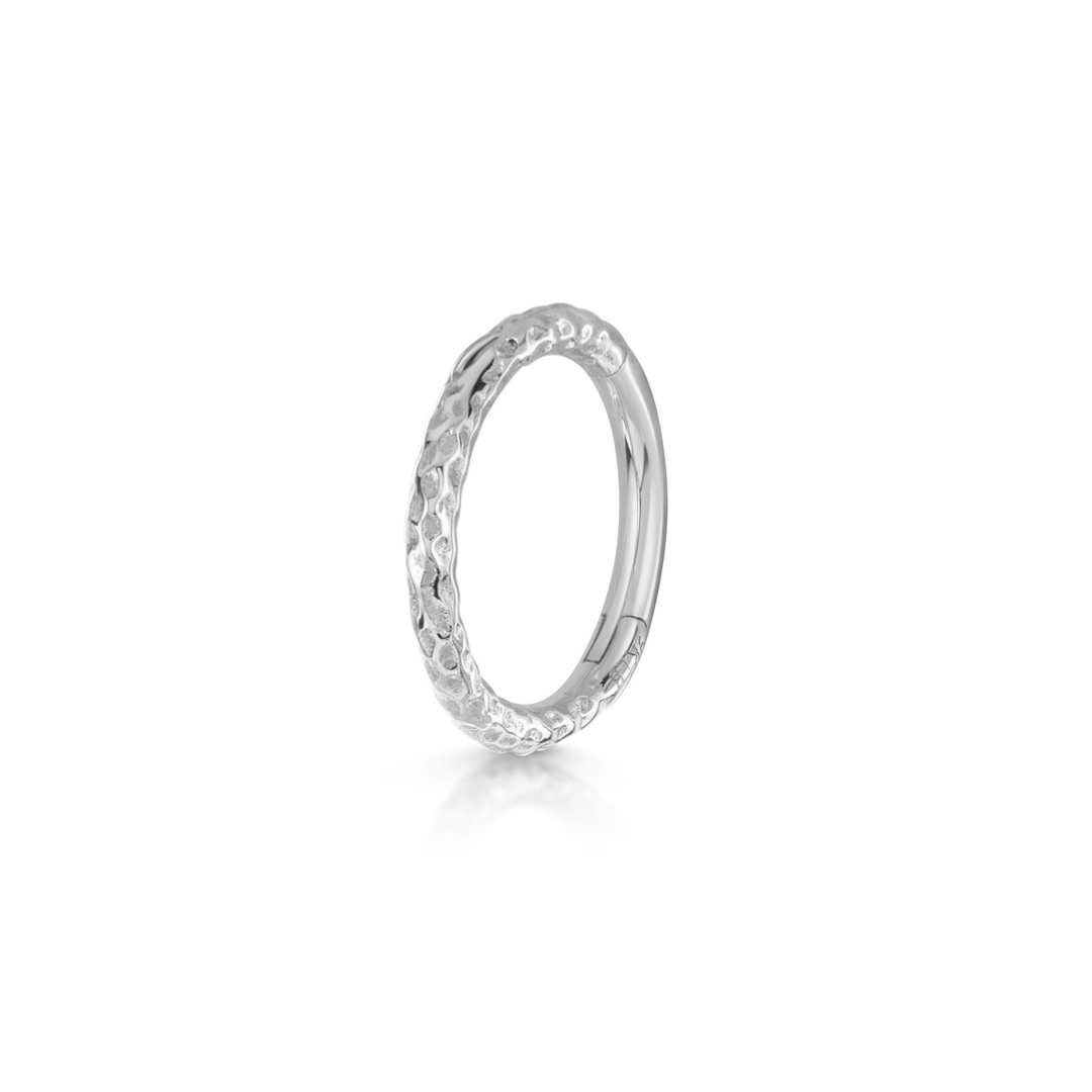 Laura Bond Jewellery Bold and Gold Edinburgh 9k solid white gold 8mm 18g hammered texture clicker hoop earring Huggies and Hoops