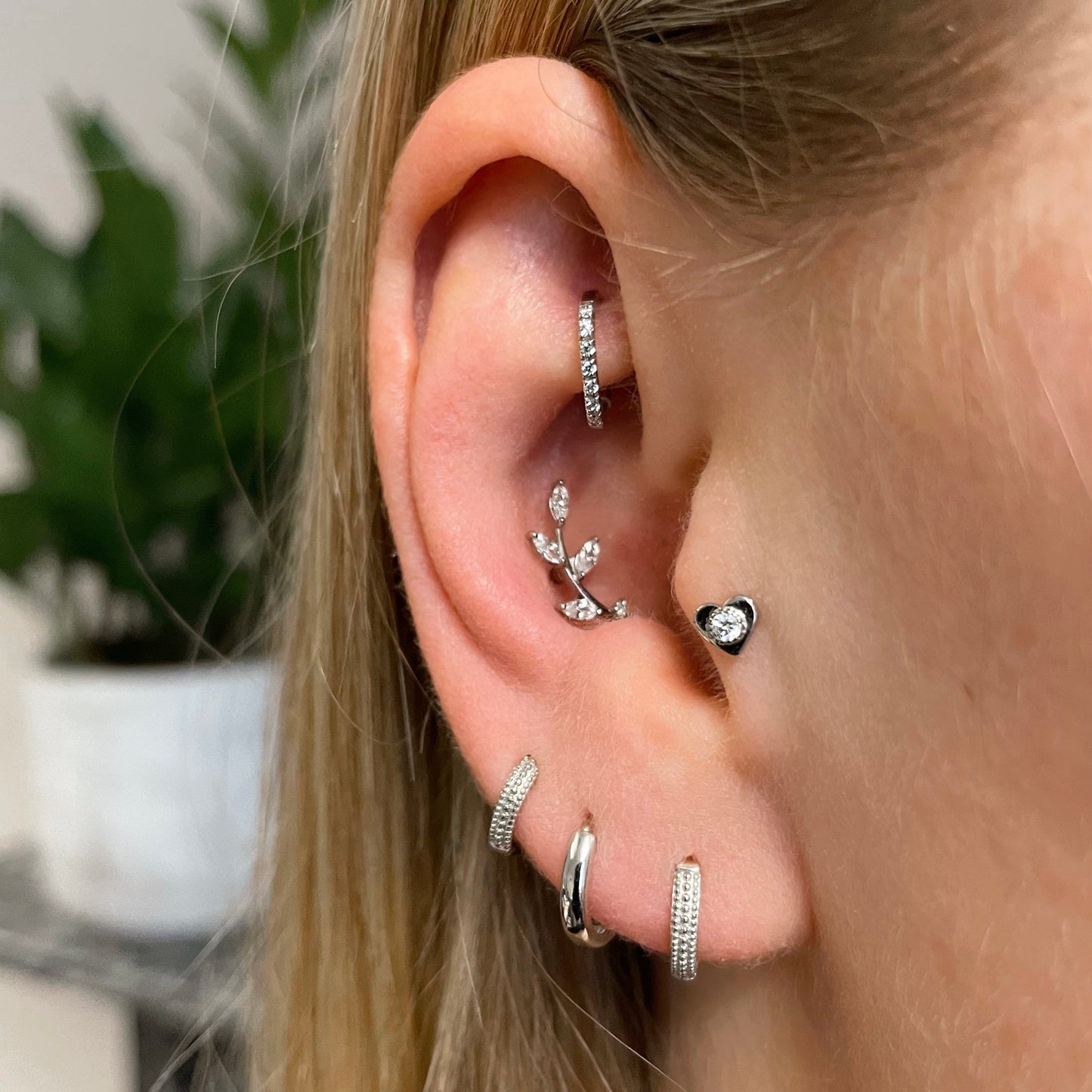 14k solid white gold vine garland flat back climber stud earring 8mm Cartilage Studs Laura Bond Jewellery