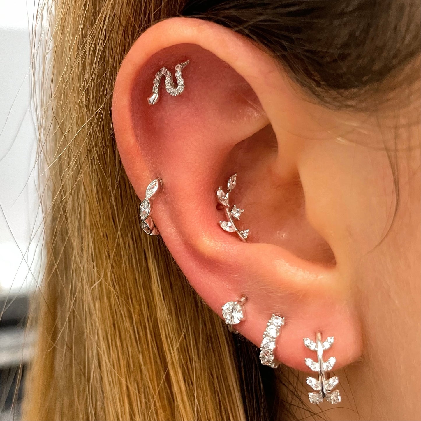Laura Bond Jewellery Bold and Gold Edinburgh 9k solid white gold 16g marquise crystal clicker hoop earring Huggies and Hoops