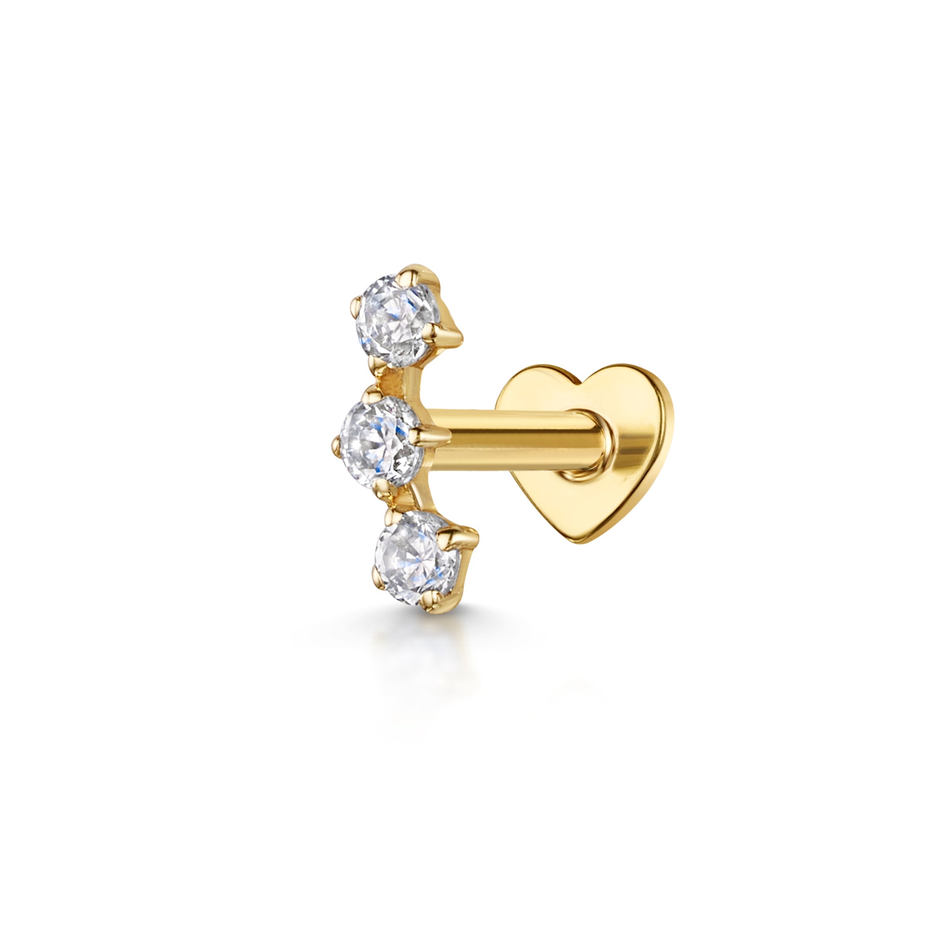 14k solid yellow gold trinity crystal flat back labret stud earring 8mm