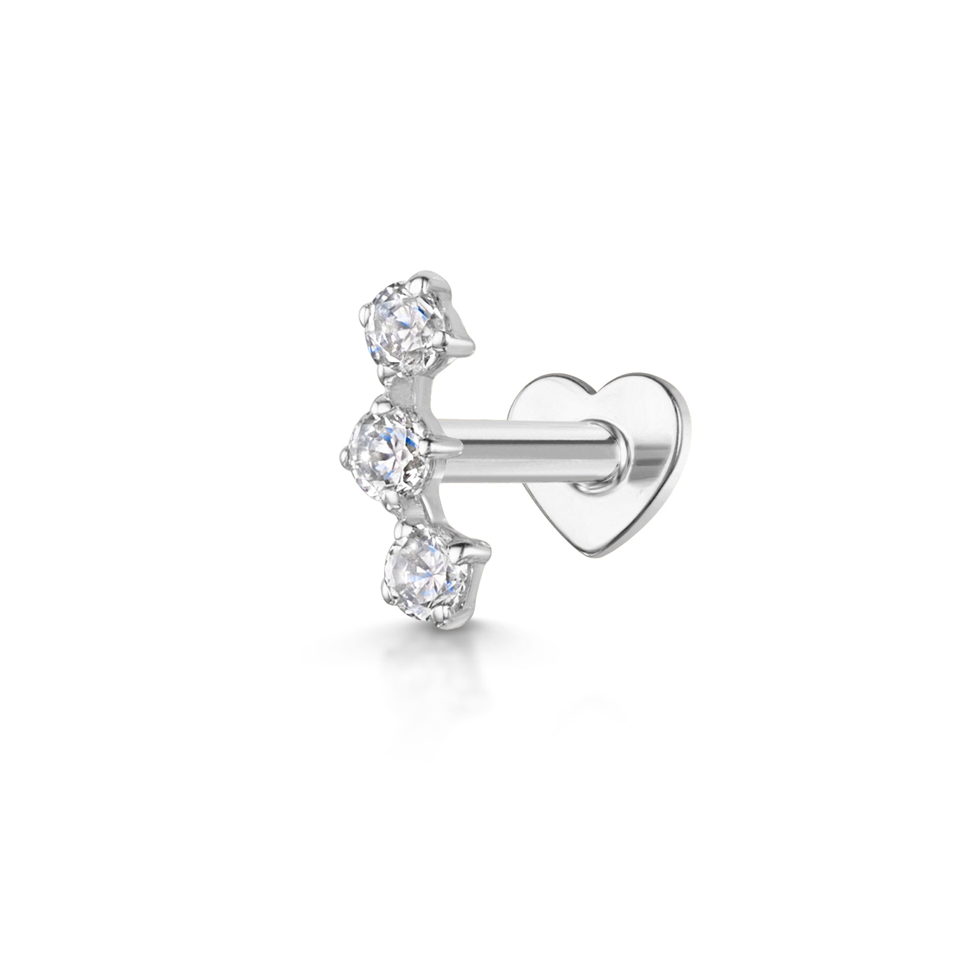 14k solid white gold trinity crystal flat back labret stud earring 8mm