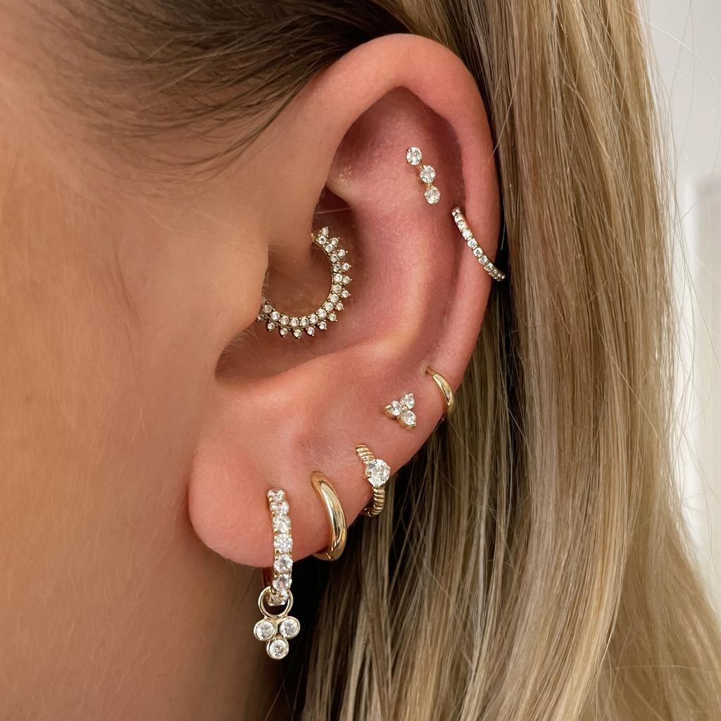 Laura Bond Jewellery Bold and Gold Edinburgh 14k solid yellow gold crystal trio flat back labret stud earring 8mm Cartilage Studs