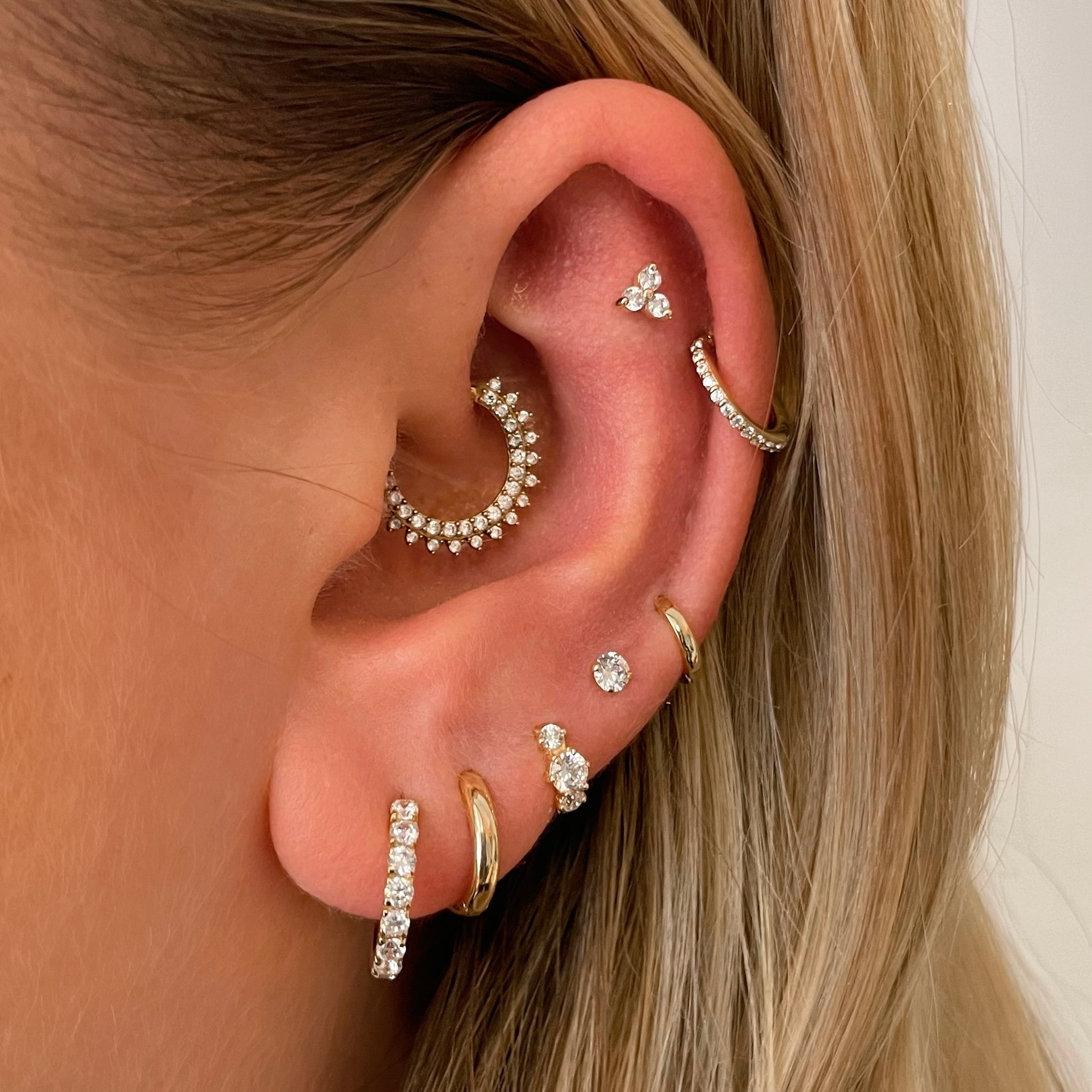 Laura Bond Jewellery Bold and Gold Edinburgh 14k solid yellow gold crystal trio flat back labret stud earring 8mm Cartilage Studs